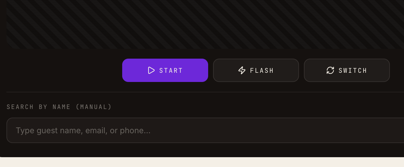 Scanner controls with start, flash, switch camera and manual check-in by name
