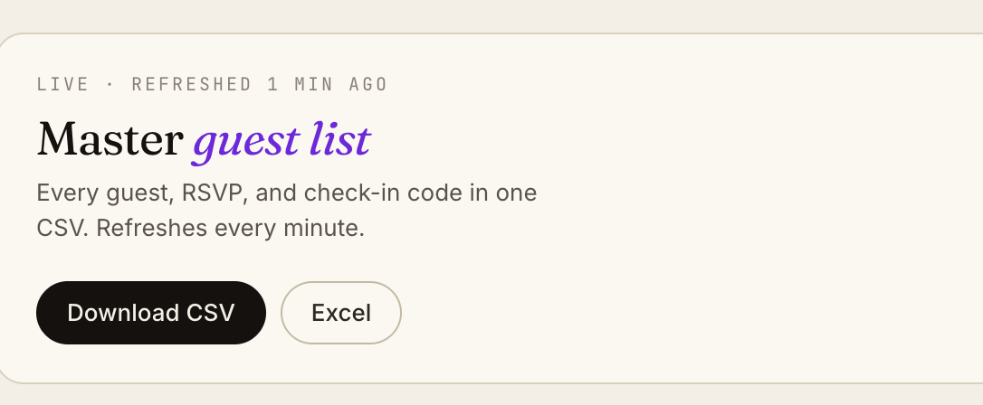 The master guest list export, downloadable as CSV or Excel