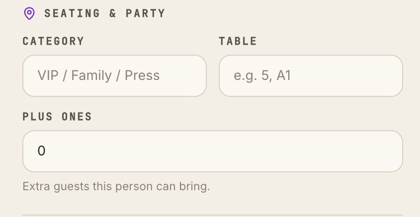 Seating category, table and plus-ones on a guest record