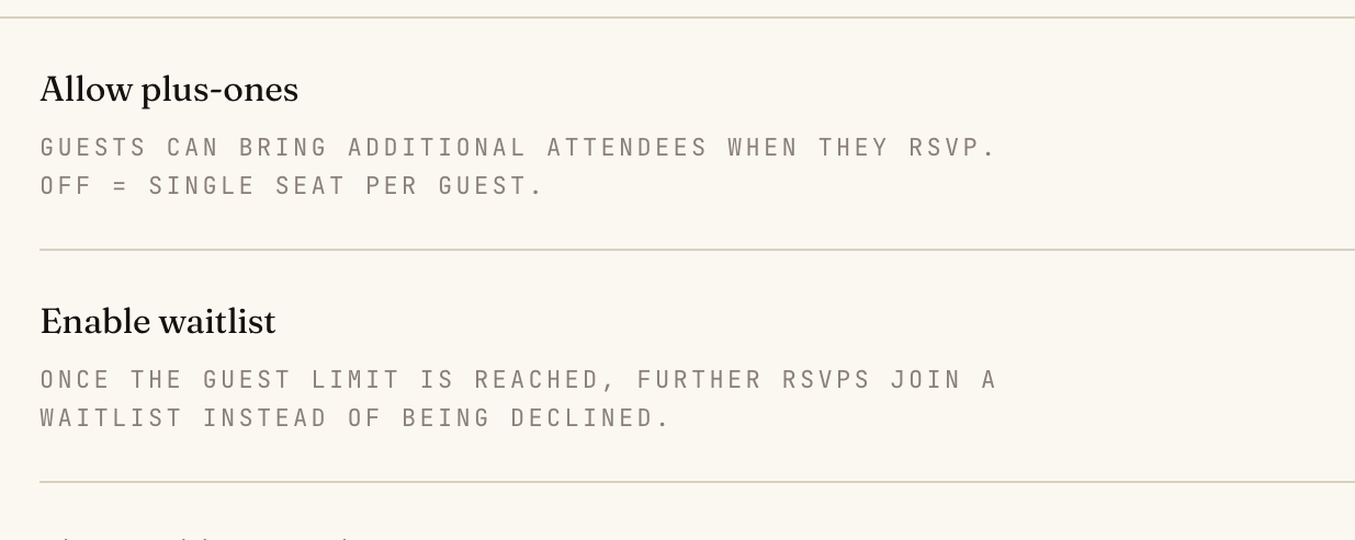 RSVP settings for plus-ones and the waitlist