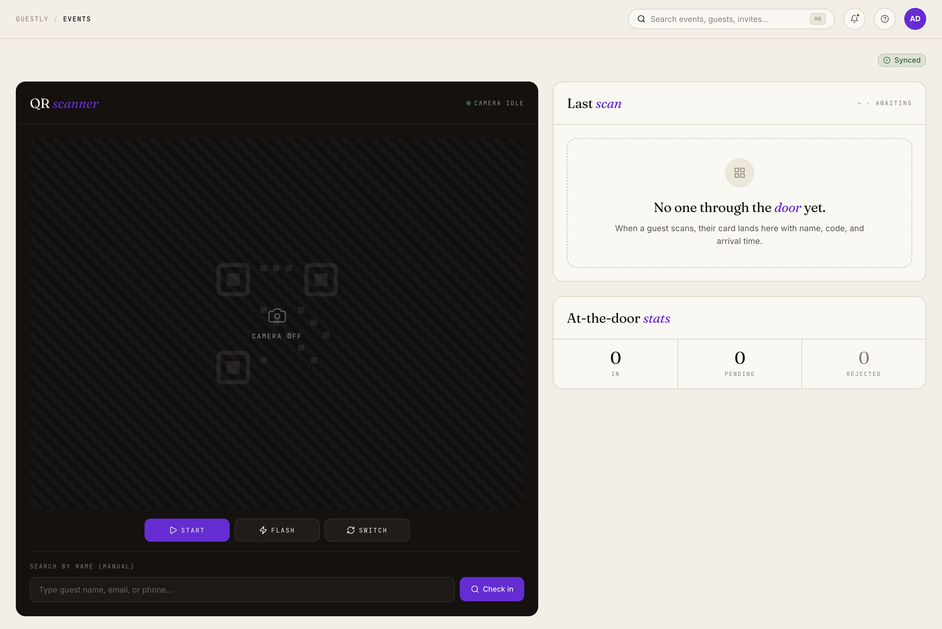 The Guestly QR scanner with last scan and at-the-door stats